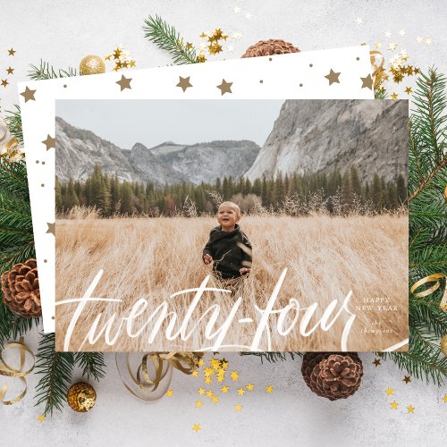 Happy New Year Lettered Year 24 White One Photo Holiday Card