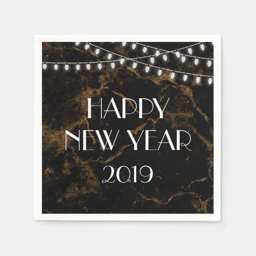 Happy New Year Lights Gold Black Marble Napkins