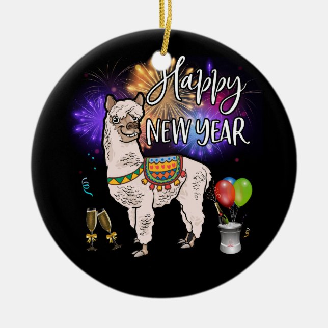 Happy New Year Llama Alpaca Firework Ceramic Ornament (Front)