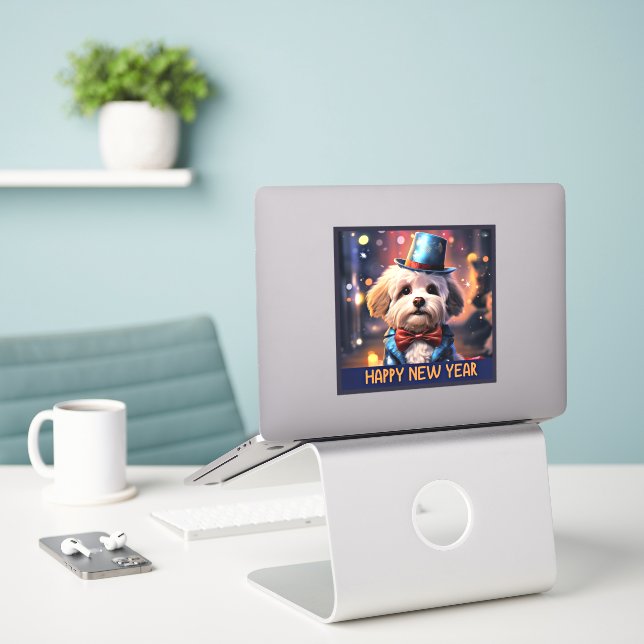 Happy New Year, Maltese Toy Poodle, Sticker (Laptop On Desk)