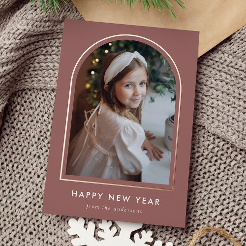 Happy New Year Mauve Arch Photo Foil Holiday Card