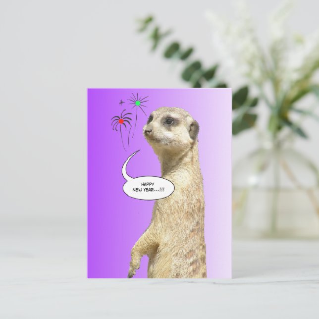 Happy New Year Meerkat Postcard Fireworks Purple (Standing Front)