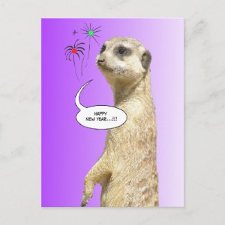 Happy New Year Meerkat Postcard Fireworks Purple