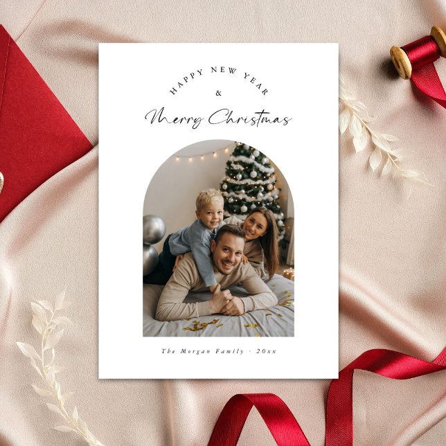 Happy New Year Merry Christmas Family Arch Photo Holiday Card (Creator Uploaded)