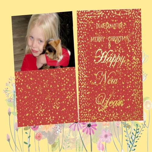 Happy New Year Merry Christmas Red Glitter Photo Foil Holiday Card