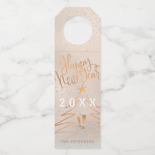 Happy New Year Metallic Copper Rose Gold Bottle Hanger Tag