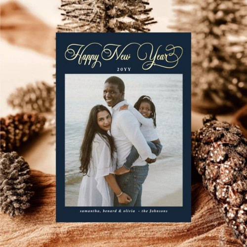 Happy New Year Midnight Blue 4 Photo Collage Foil Holiday Card