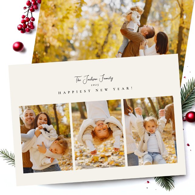 Happy new year minimalist 4 photo collage script holiday card (Creator Uploaded)