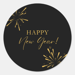 Happy New Year minimalist fireworks black Classic Round Sticker