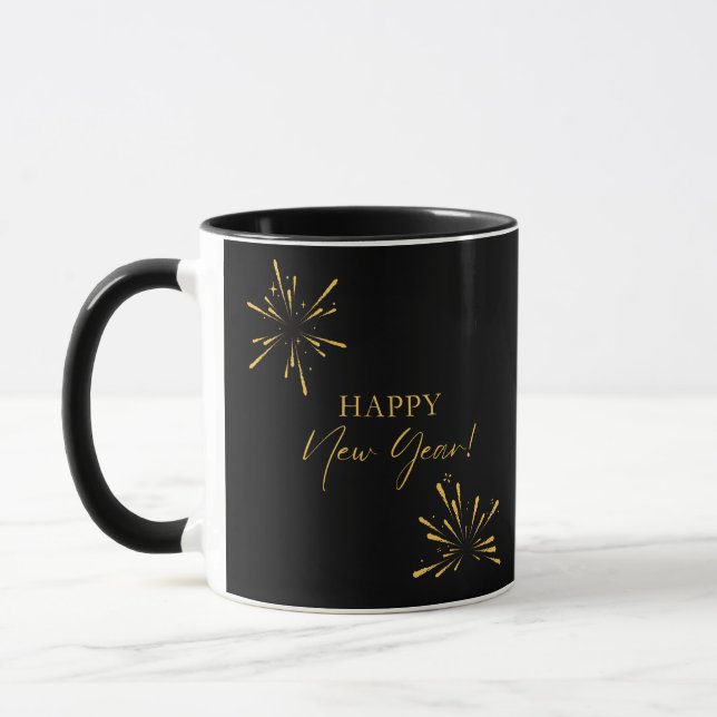 Happy New Year minimalist fireworks black Mug (Left)