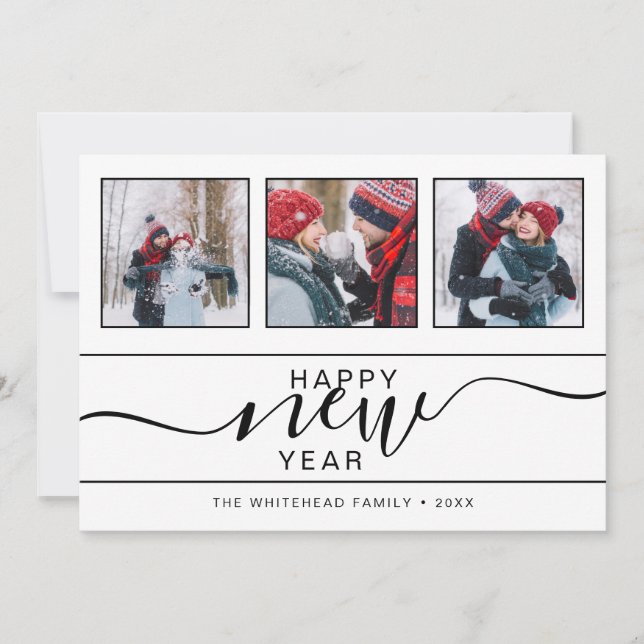Happy New Year Modern 3 Photo Hand Lettering Holiday Card (Front)