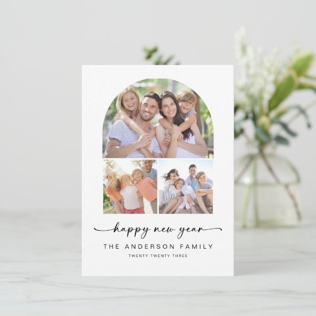 Happy New Year | Modern Arch 3 Photos Holiday Card (Standing Front)