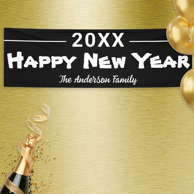 Happy New Year Modern Black Festive Banner (A black and white banner with Happy New Year greeting, to personalize with your name(s) and the year)