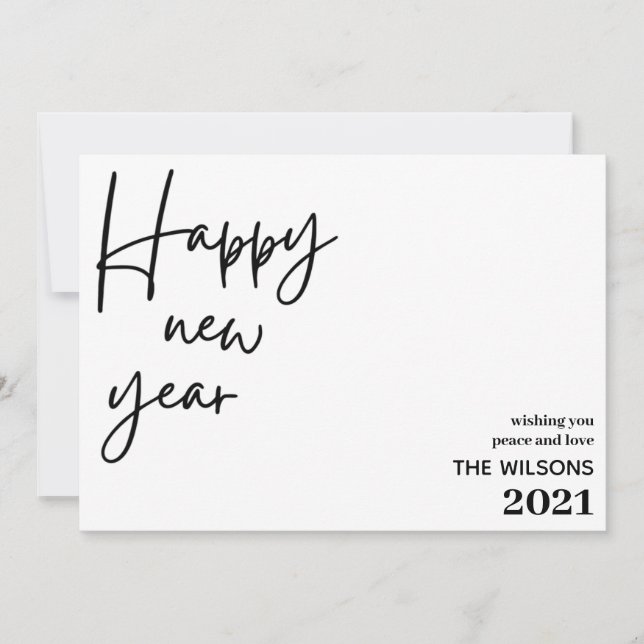 happy new year, modern black white stripe photo holiday card (Front)