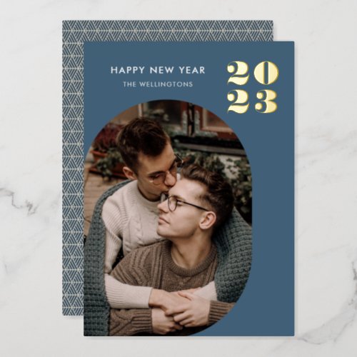 Happy New Year Modern Blue Photo Gold Foil Holiday Card