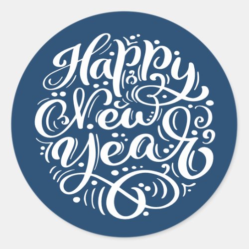 Happy New Year Modern Calligraphy Blue Classic Round Sticker