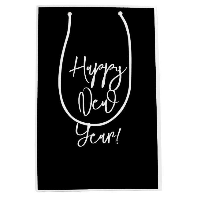 HAPPY NEW YEAR! Modern Chic Black White Cheers Medium Gift Bag (Front)