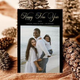 Happy New Year Modern Chic Family 4 Photos Collage Foil Holiday Card