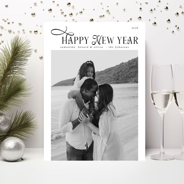 Happy New Year Modern Chic Family 4 Photos Collage Holiday Card (Creator Uploaded)