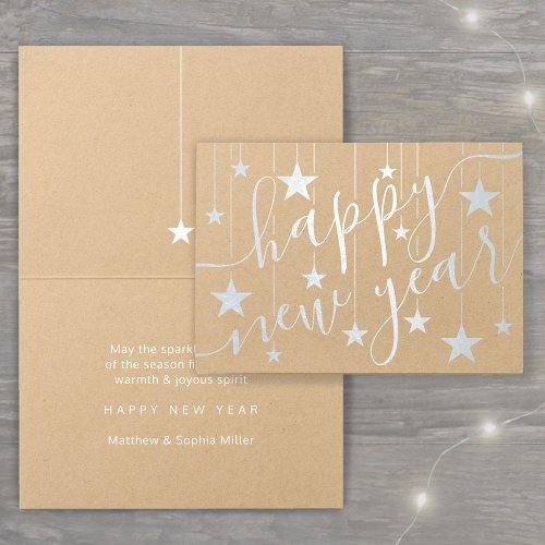Happy New Year Modern Elegant Script Stars Silver Foil Card