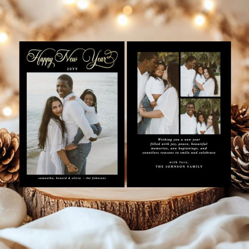 Happy New Year Modern Family 4 Photo Collage Foil Holiday Card