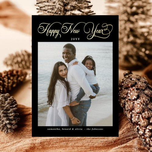Happy New Year Modern Family 4 Photo Collage Foil Holiday Card