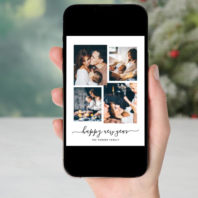 Happy New Year | Modern Four Photo Collage Holiday Card (Front Digital)