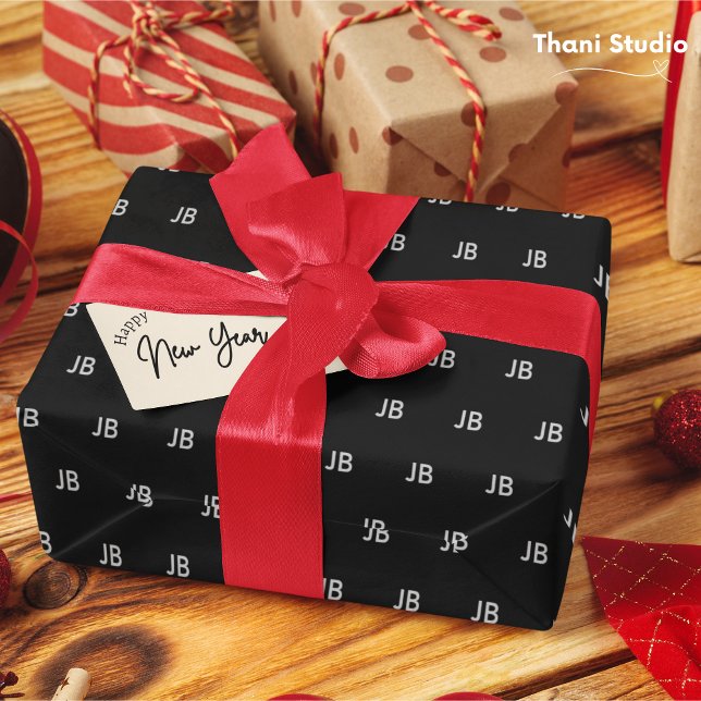 Happy New Year Modern Minimalist Monogram Black Wrapping Paper (Creator Uploaded)