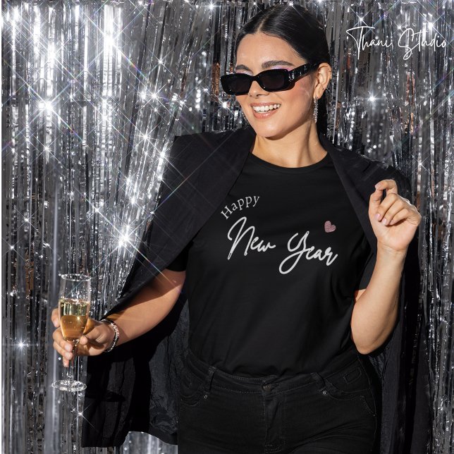 Happy New Year Modern Minimalist Typography Black T-Shirt (Creator Uploaded)