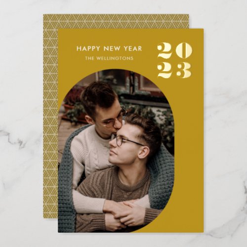 Happy New Year Modern Ochre Photo Gold  Foil Holiday Card