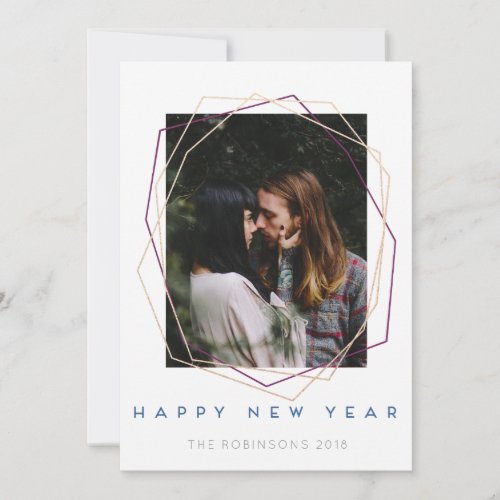 Happy New Year Modern Photo Trendy Faux Gold Frame Holiday Card