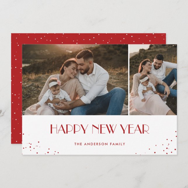 Happy New Year Modern Red Snowy 2 Photo Holiday Card (Front/Back)