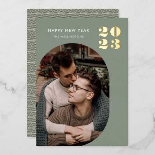 Happy New Year Modern Round Frame Gold Foil Holiday Card