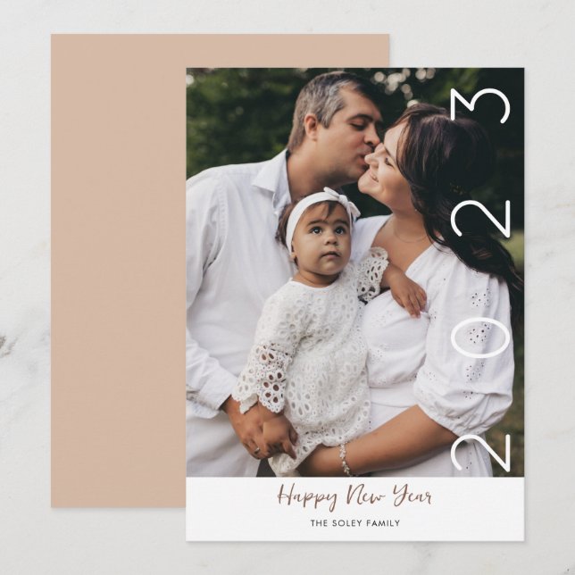Happy New Year Modern Script 1 Photo Holiday Card (Front/Back)