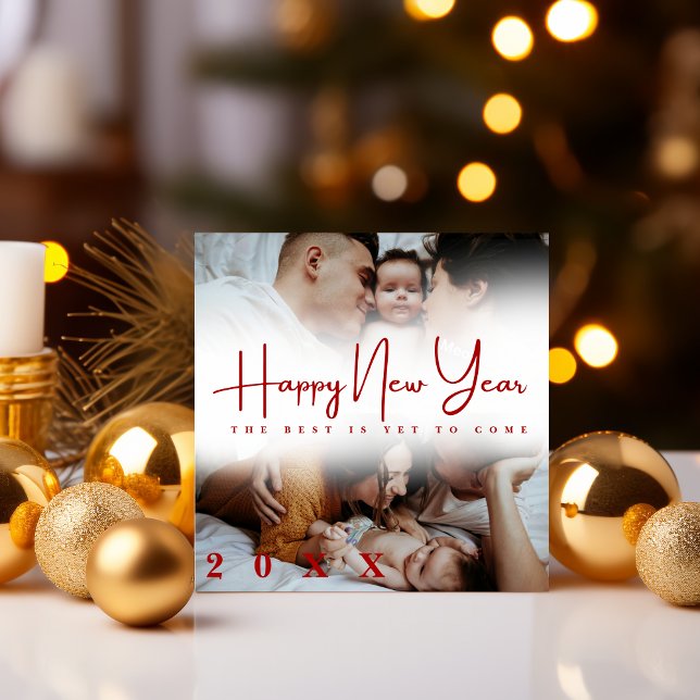 Happy New Year modern Script 3 Collage Multi Photo Holiday Card (Creator Uploaded)