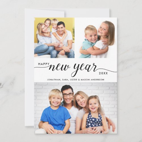 Happy New Year Modern Script 3 Photo Collage Holiday Card