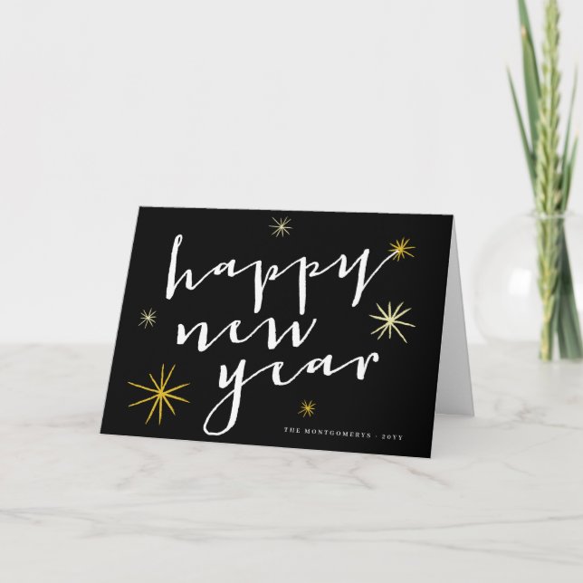 Happy New Year Modern Script Chic Gold Starburst Holiday Card (Front)