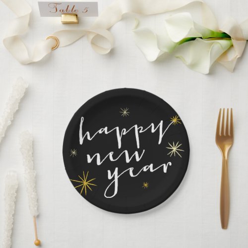 Happy New Year Modern Script Chic Gold Starburst Paper Plates