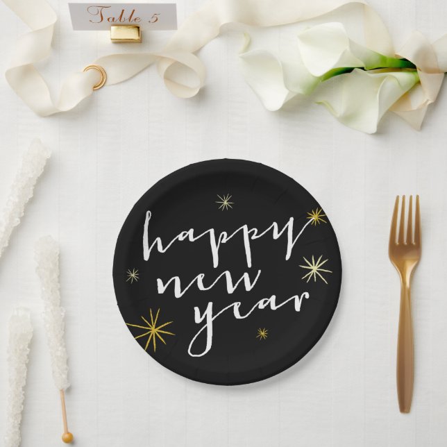 Happy New Year Modern Script Chic Gold Starburst Paper Plates (Wedding)