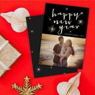 Happy New Year Modern Script Gold Starburst Photo Foil Holiday Card