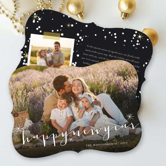 Happy New Year Modern Script Gold Starburst Photo Holiday Card (Creator Uploaded)