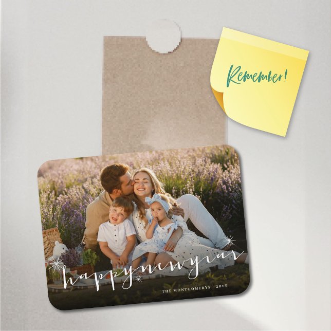 Happy New Year Modern Script Gold Starburst Photo Magnet (Happy New Year Classic Script Starbursts Photo Flexible Magnet @ fat_fa_tin)