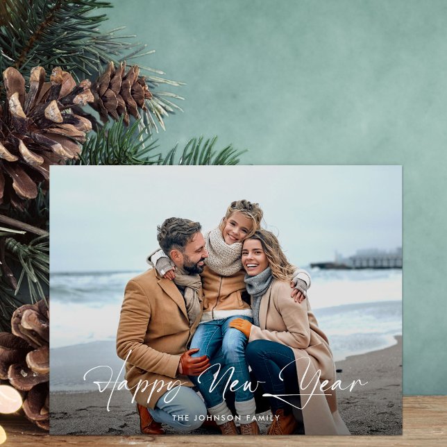 Happy New Year Modern Script Photo Holiday Postcard (Creator Uploaded)