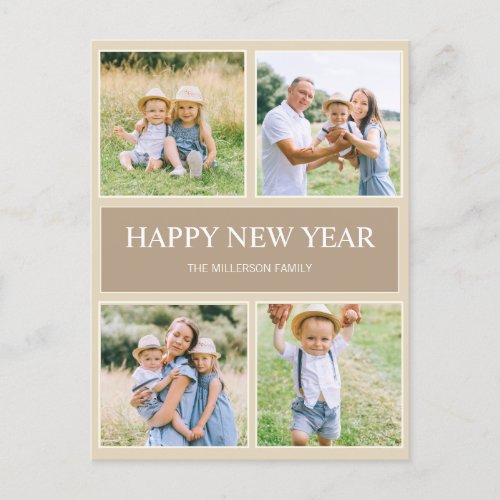 Happy New Year Modern Simple 4 Family Photo Holiday Postcard