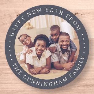 Happy New Year Modern Simple Chic Family Photo Classic Round Sticker
