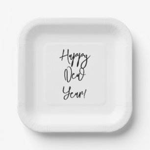 Happy New Year! Modern Text Chic Black White Fun Paper Plates