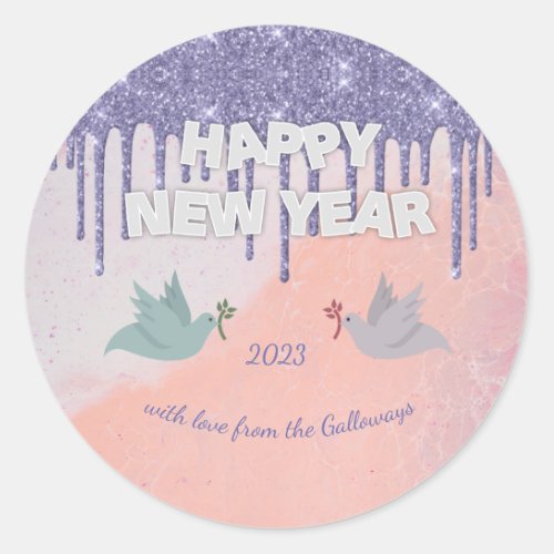 Happy New Year Monogram Purple Glitter Drips Doves Classic Round Sticker