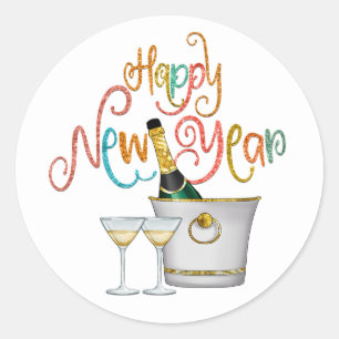 Happy New Year Multicolor Text Glitter Champagne Classic Round Sticker