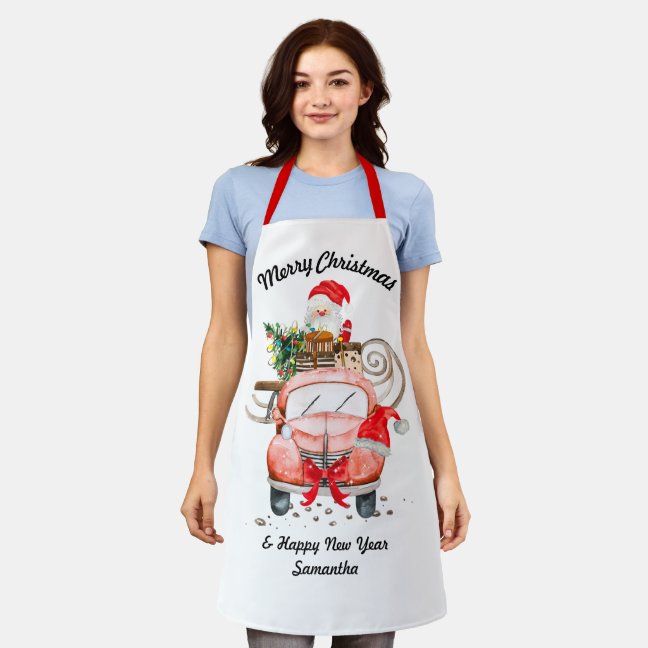Happy New Year Name Santa truck Christmas Apron