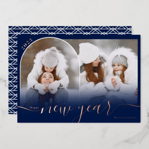 Happy New Year navy 2 photo arch overlay collage Foil Holiday Card